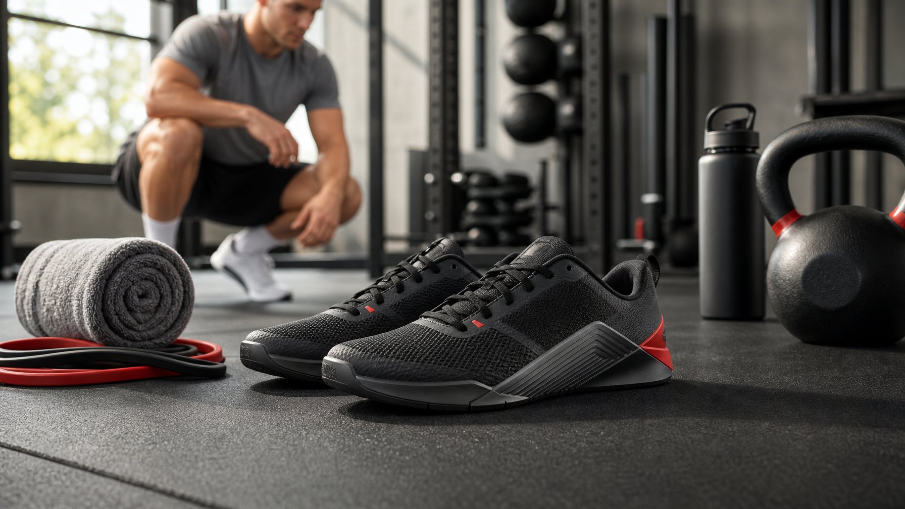 Sepasang sepatu latihan pria berada di lantai gym dengan perlengkapan olahraga dan seorang atlet di latar belakang.