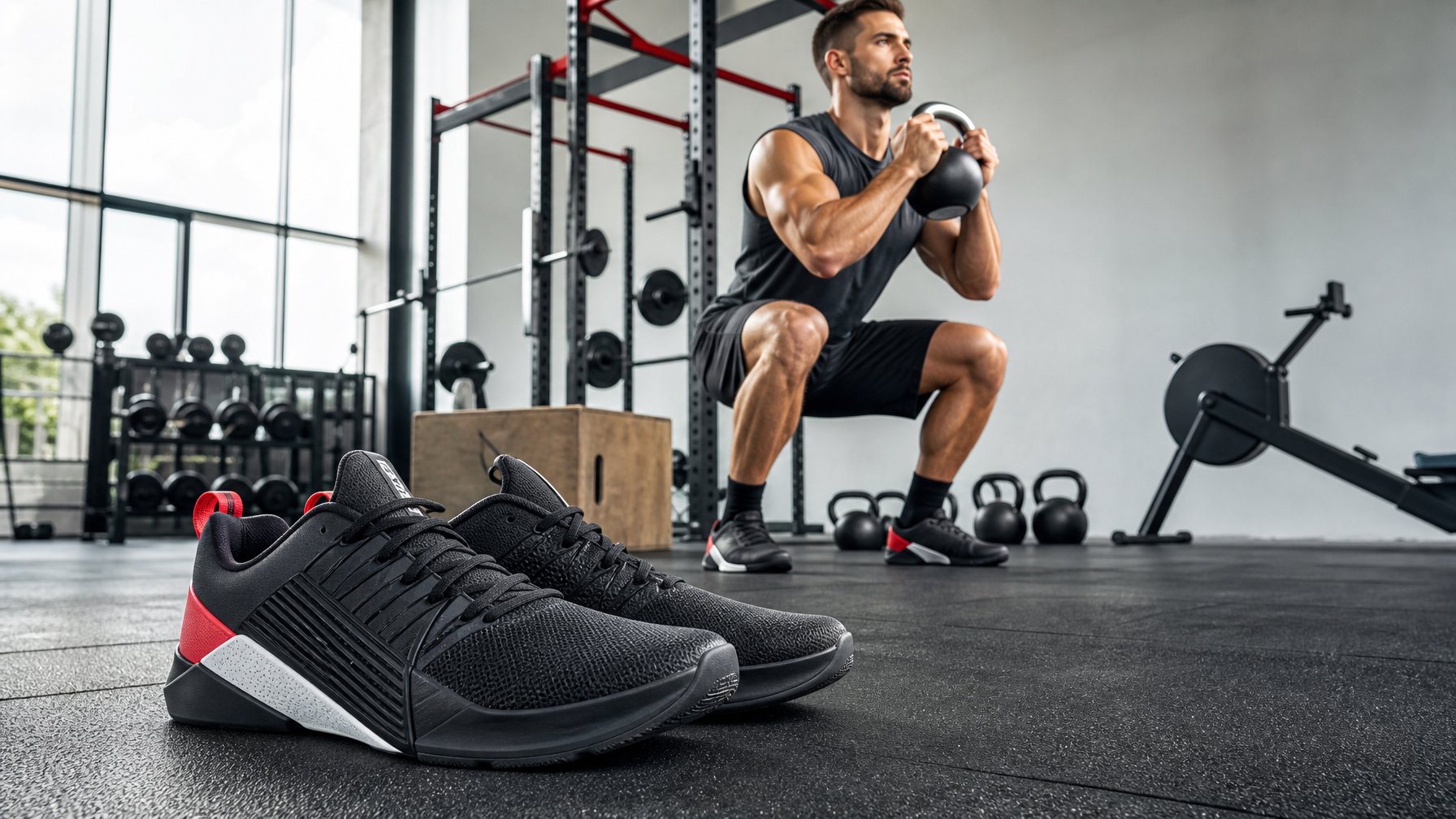 Pria berolahraga di gym dengan sepasang sepatu training di lantai depan.