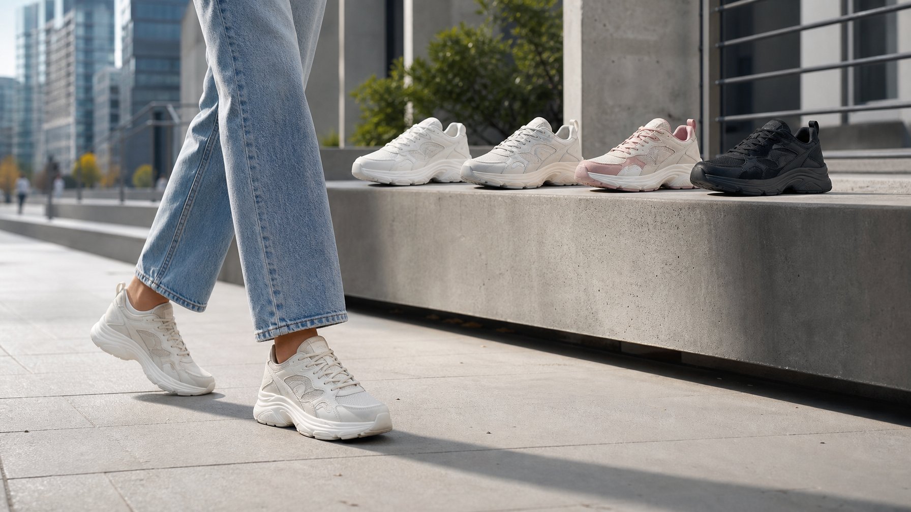 Seorang wanita berjalan di trotoar kota dengan sepatu sneakers kasual, sementara beberapa pasang sneakers lain dipajang di bangku beton.