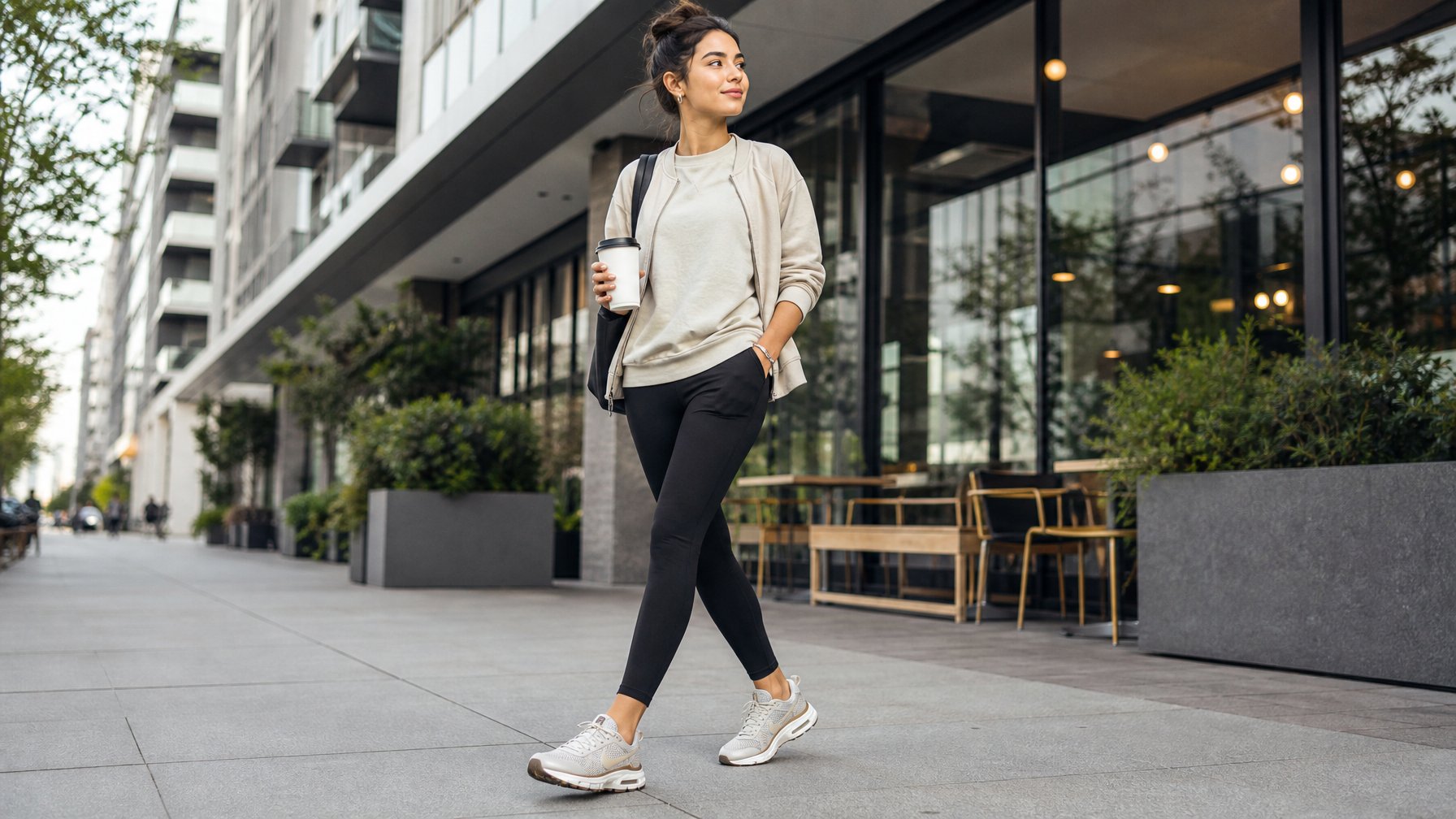 Perempuan berjalan di trotoar kota dengan mengenakan sepatu kasual Nike Vomero.