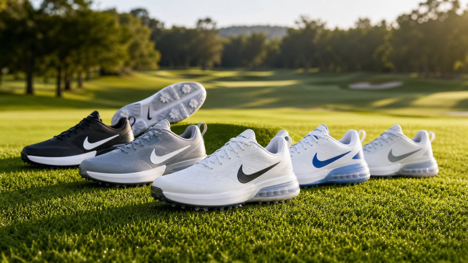 Deretan sepatu golf Nike Air Max G tersusun rapi di atas rumput lapangan golf.