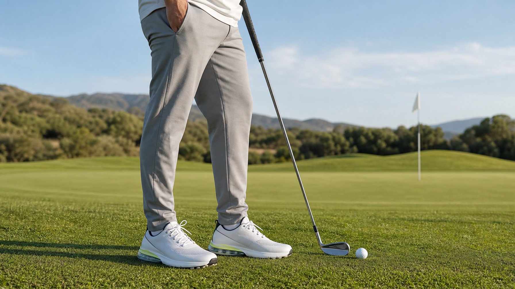 Sepasang sepatu golf putih dan abu-abu dipakai di lapangan golf hijau di dekat bola dan tongkat golf.