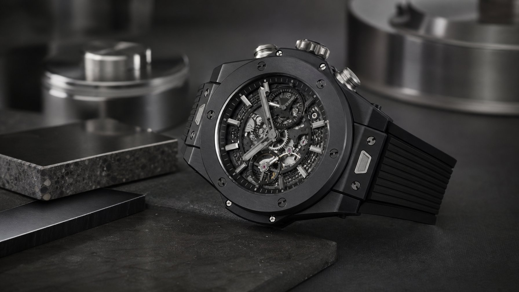 Jam tangan mewah berbahan keramik hitam dengan aksen titanium ditampilkan di atas permukaan gelap.
