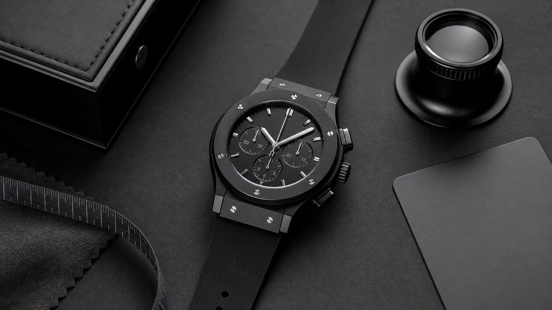 Jam tangan hitam mewah diletakkan di atas permukaan gelap bersama alat pemeriksaan keaslian.