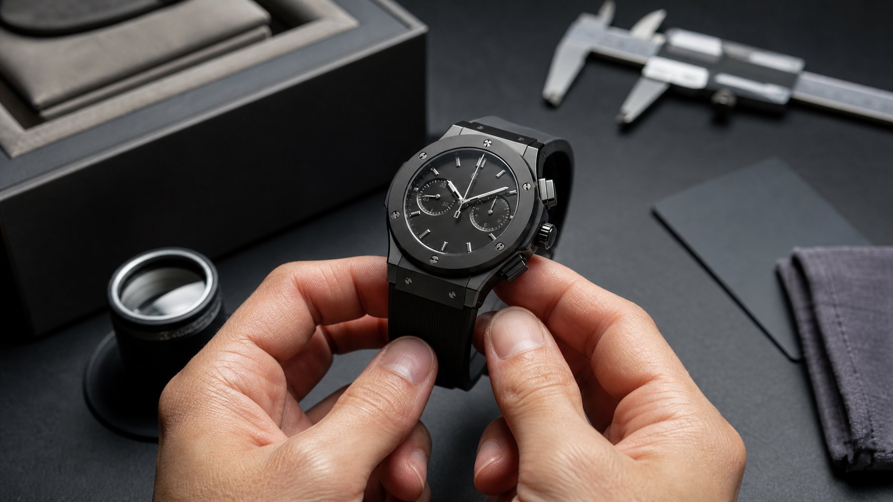 Tangan ahli memeriksa jam tangan hitam dengan kaca pembesar dan alat ukur di meja kerja.