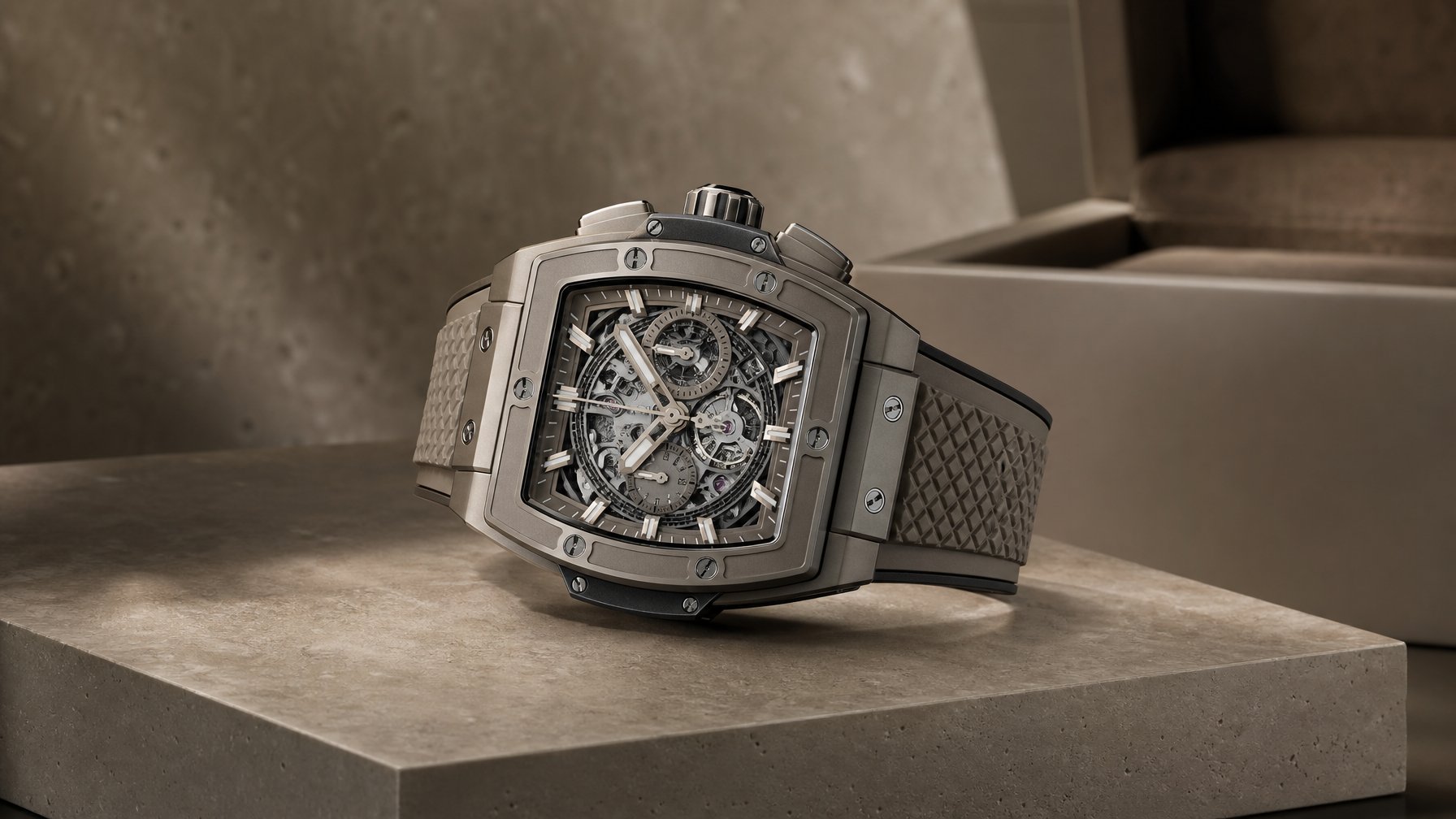 Jam tangan mewah berwarna taupe dipajang di atas pedestal batu dengan latar minimalis.