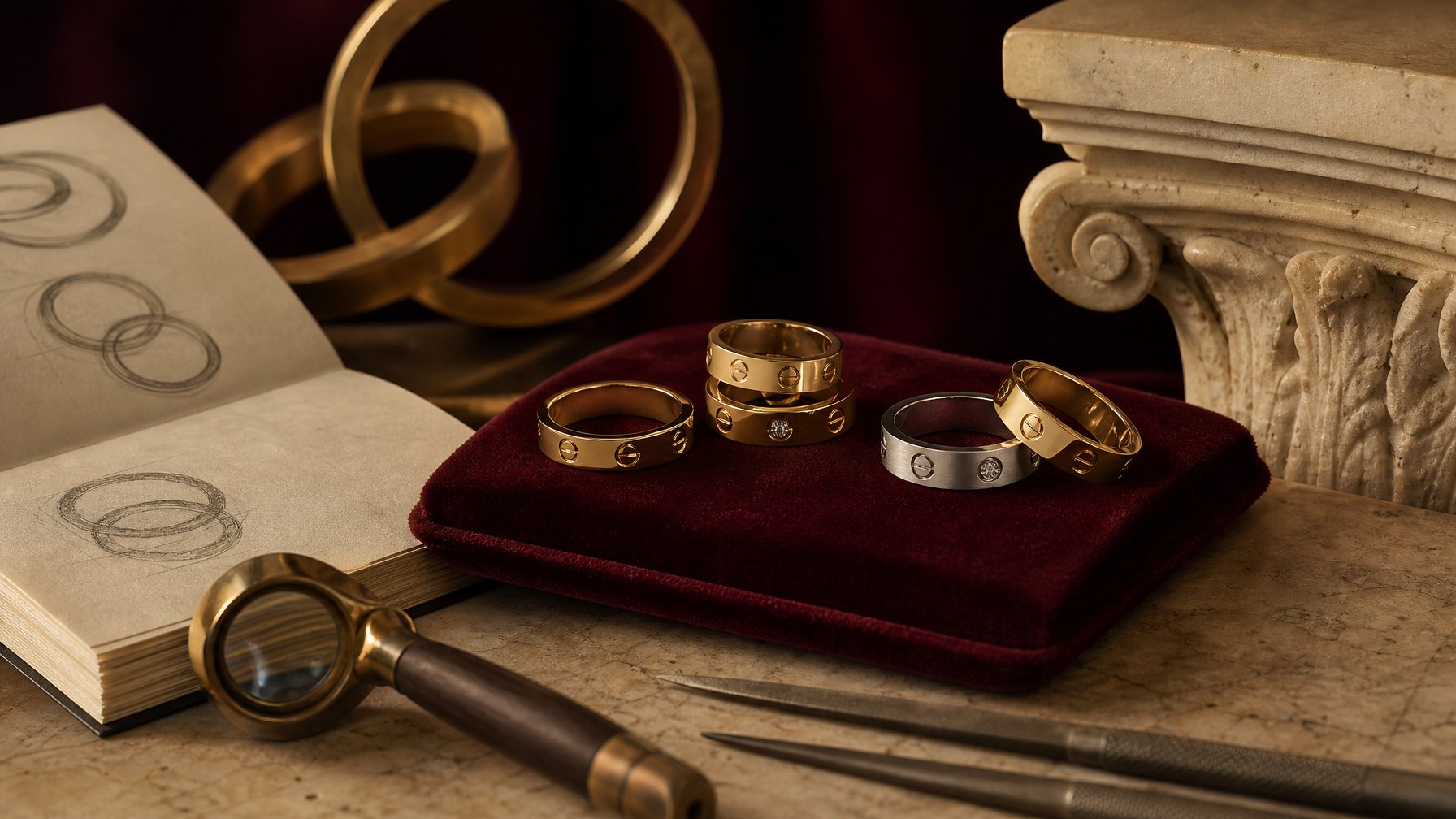 Beberapa cincin emas dan platinum tersusun di atas bantalan beludru dengan benda-benda perhiasan bernuansa klasik.