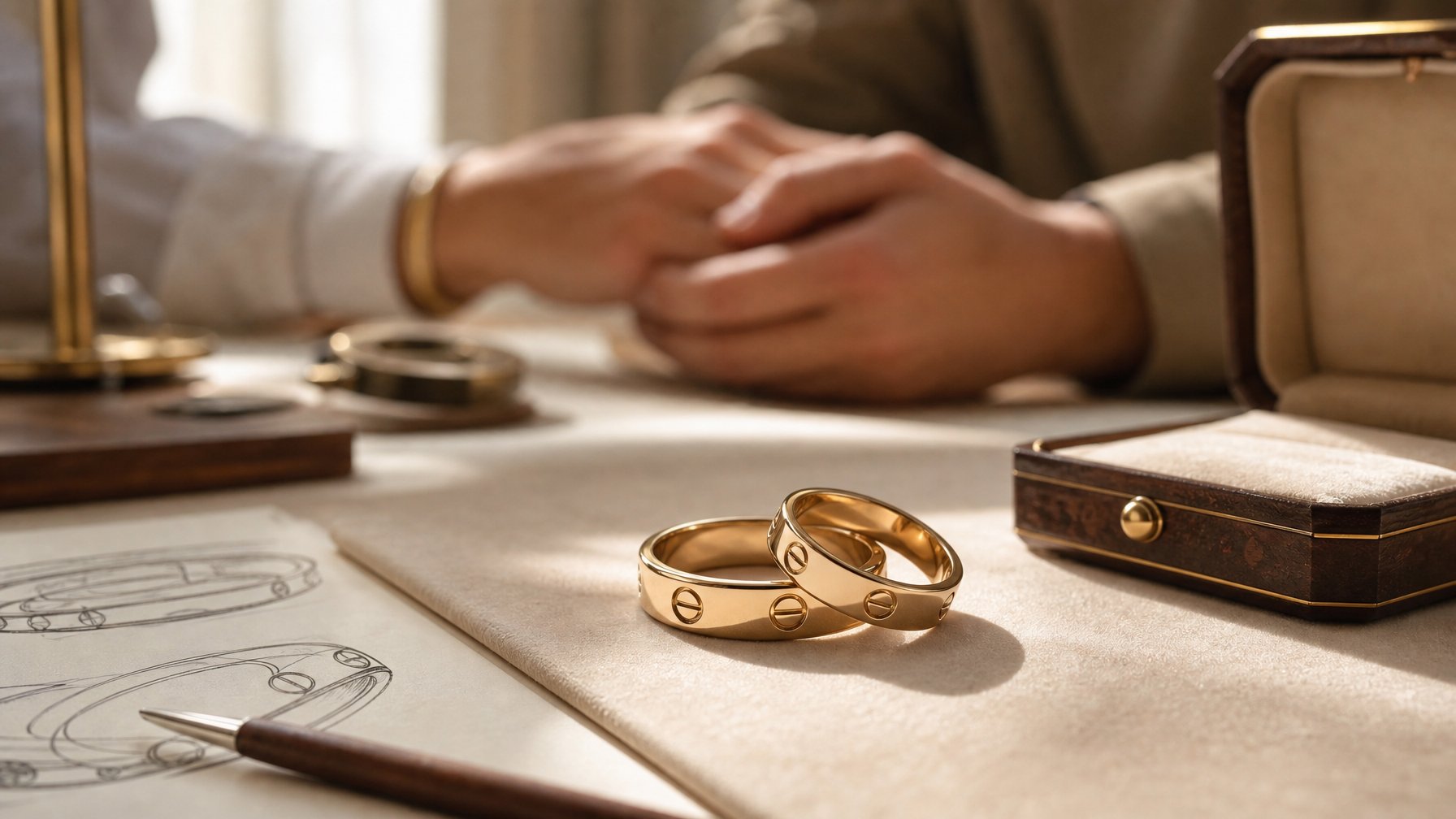 Dua cincin emas saling bertaut di atas permukaan krem, dengan kotak perhiasan terbuka dan tangan pasangan yang saling menggenggam di latar belakang.