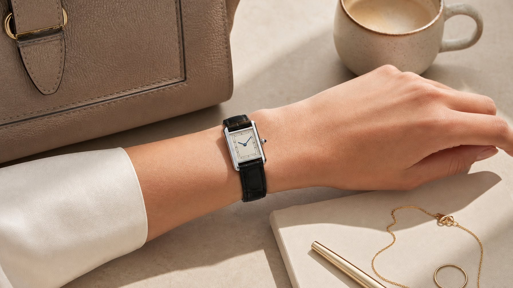 Pergelangan tangan wanita mengenakan jam tangan persegi panjang dengan aksesori elegan di atas meja.