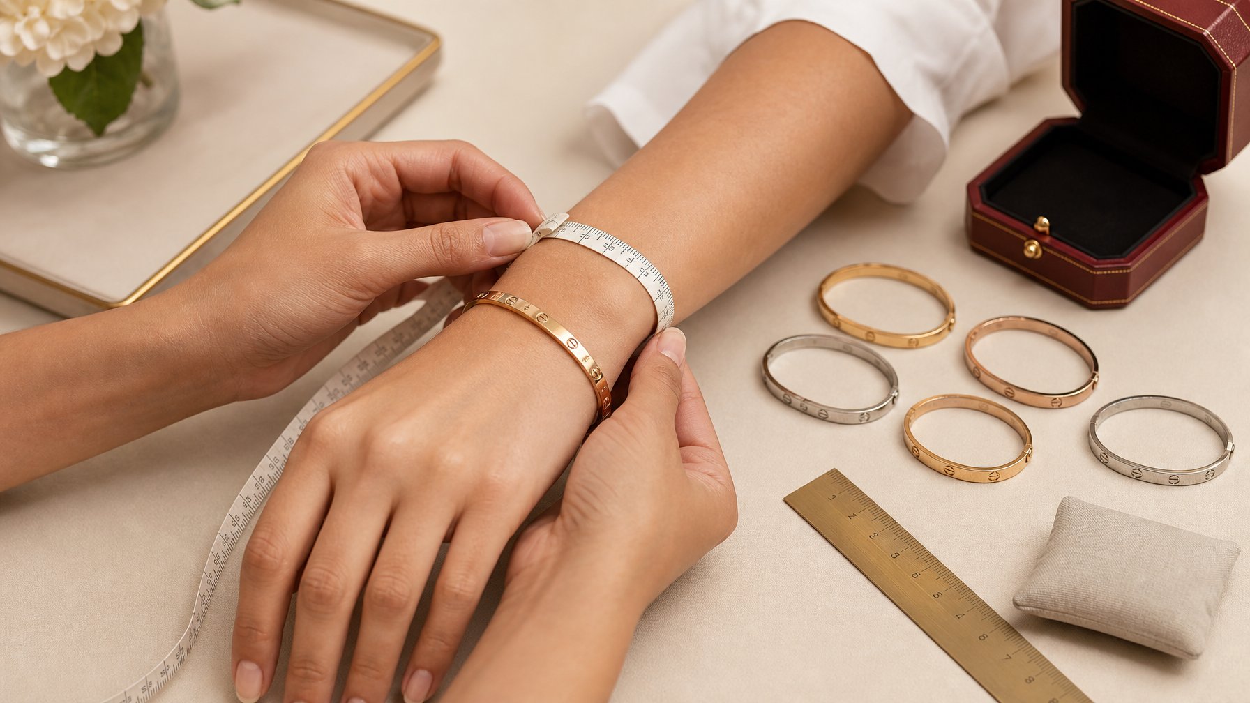 Tangan sedang mengukur pergelangan tangan untuk menentukan ukuran gelang.