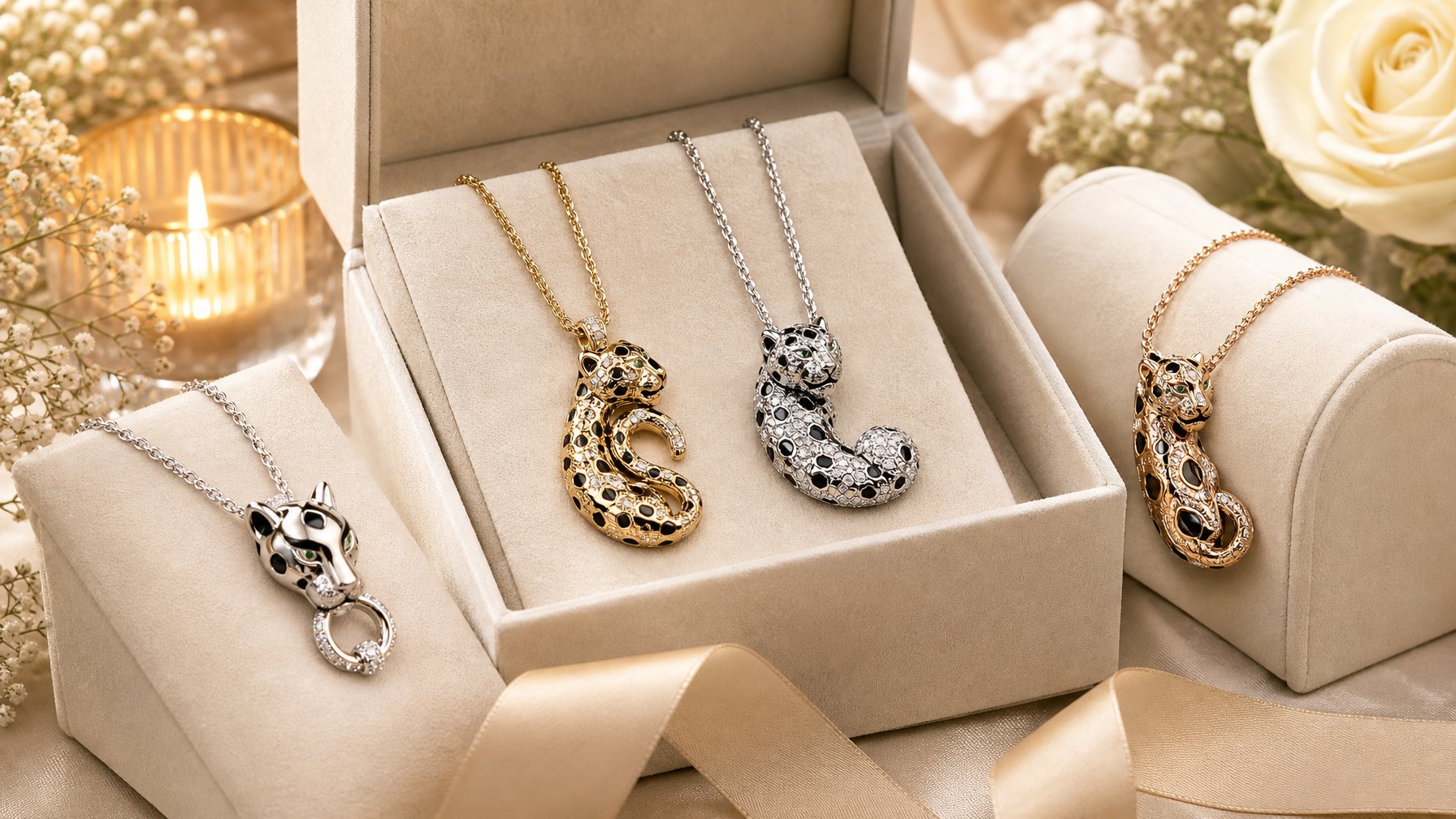 Koleksi kalung mewah bermotif panther tersusun dalam kotak hadiah elegan untuk acara spesial.