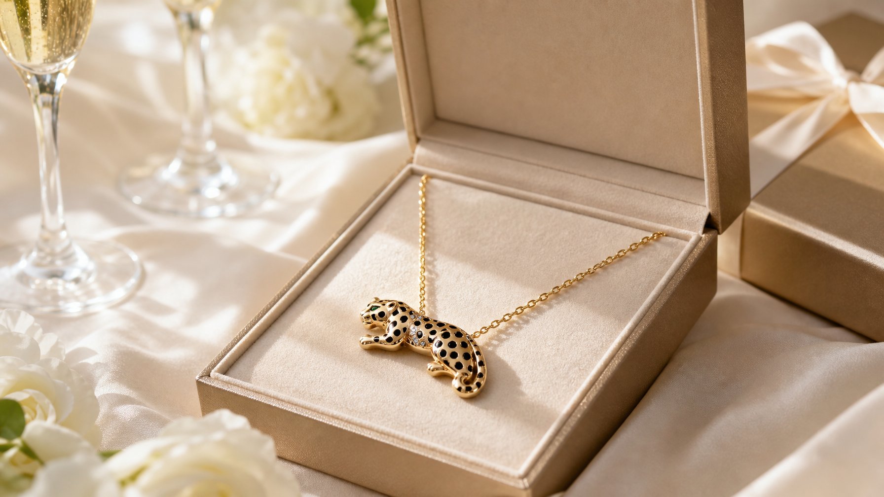 Kalung bermotif panther tersusun elegan dalam kotak perhiasan terbuka dengan bunga dan gelas sampanye di latar belakang.