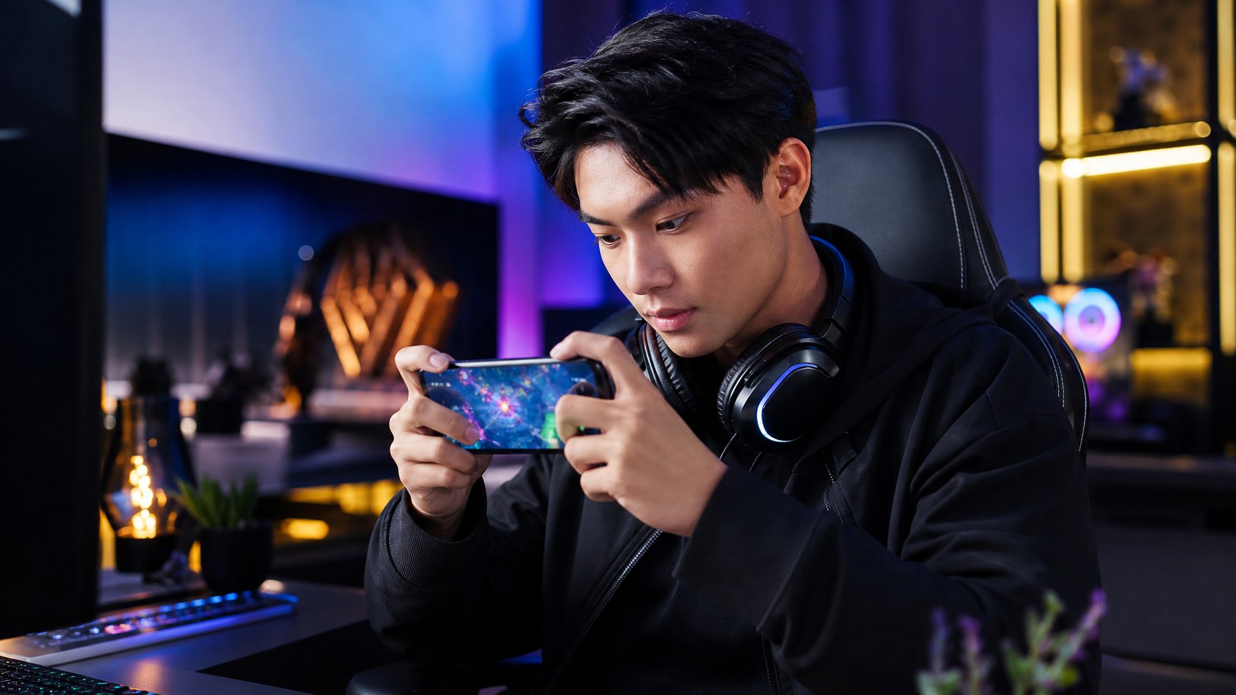 Seorang pemain gim solo berkonsentrasi memainkan pertandingan kompetitif di ponsel dalam suasana ruang gaming modern.
