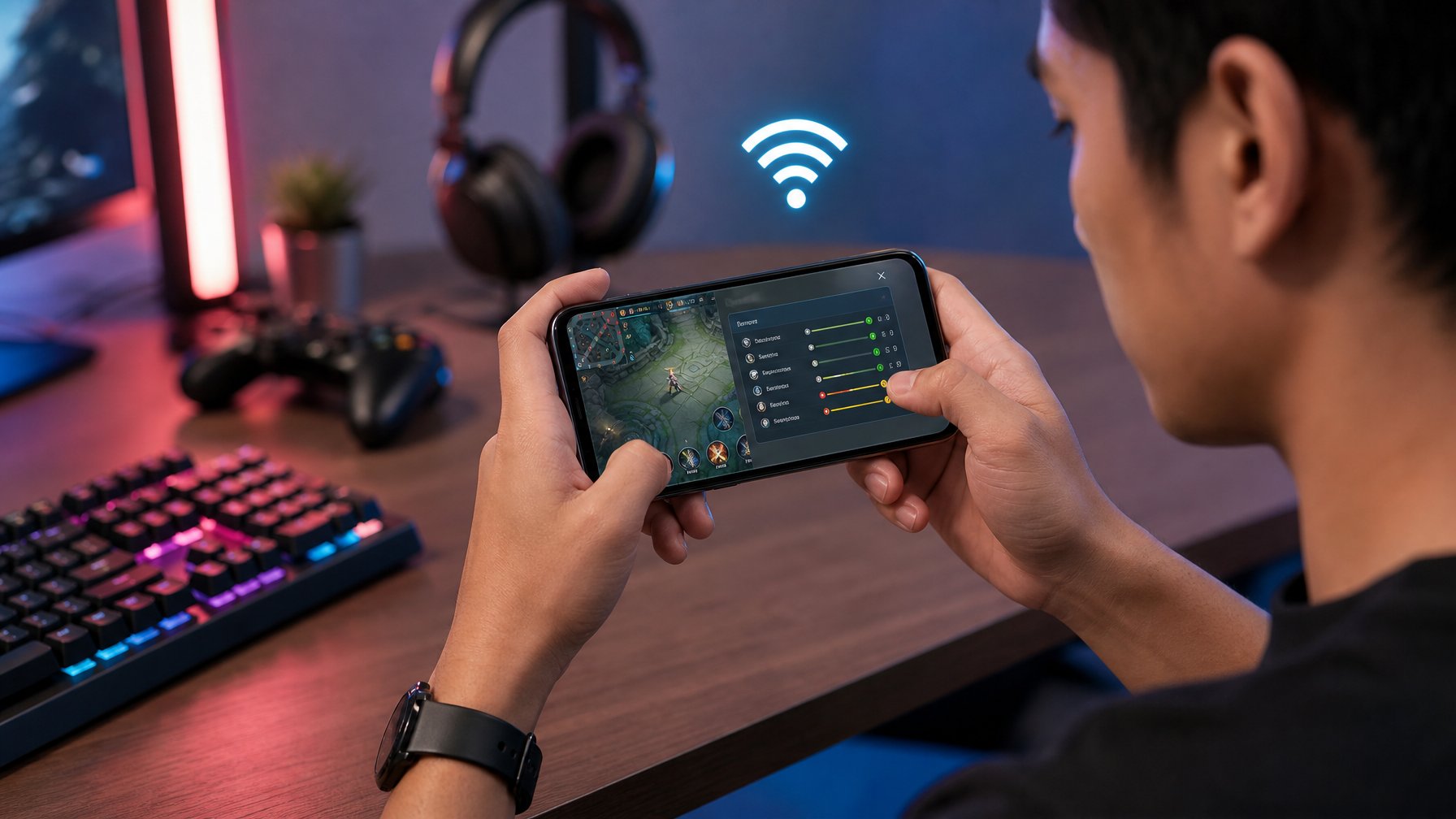 Seorang pemain mengatur server dan koneksi jaringan pada ponsel untuk bermain gim online dengan lancar.