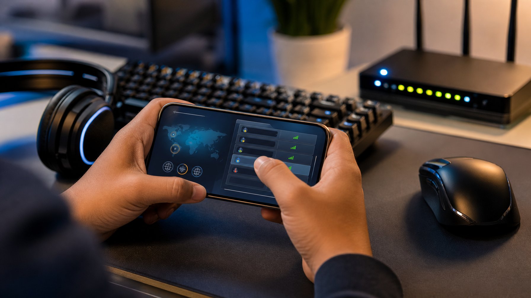Tangan pemain memilih pengaturan server di ponsel di samping perangkat jaringan dan perlengkapan gaming.