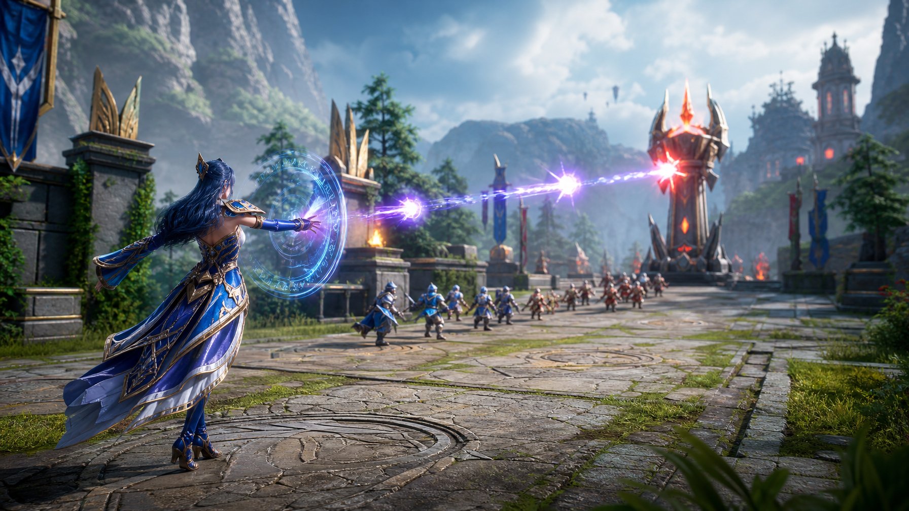 Seorang hero mage menyerang turret musuh dari jarak aman di sebuah jalur arena.