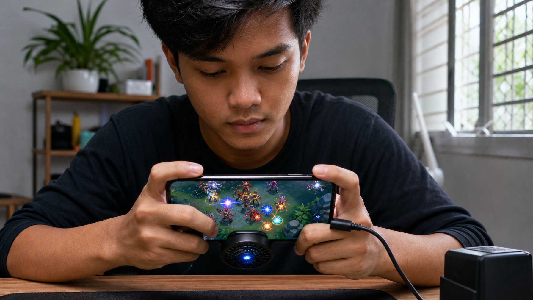 Seorang pemain game menggunakan ponsel lama dengan kipas pendingin saat menghadapi pertempuran besar.