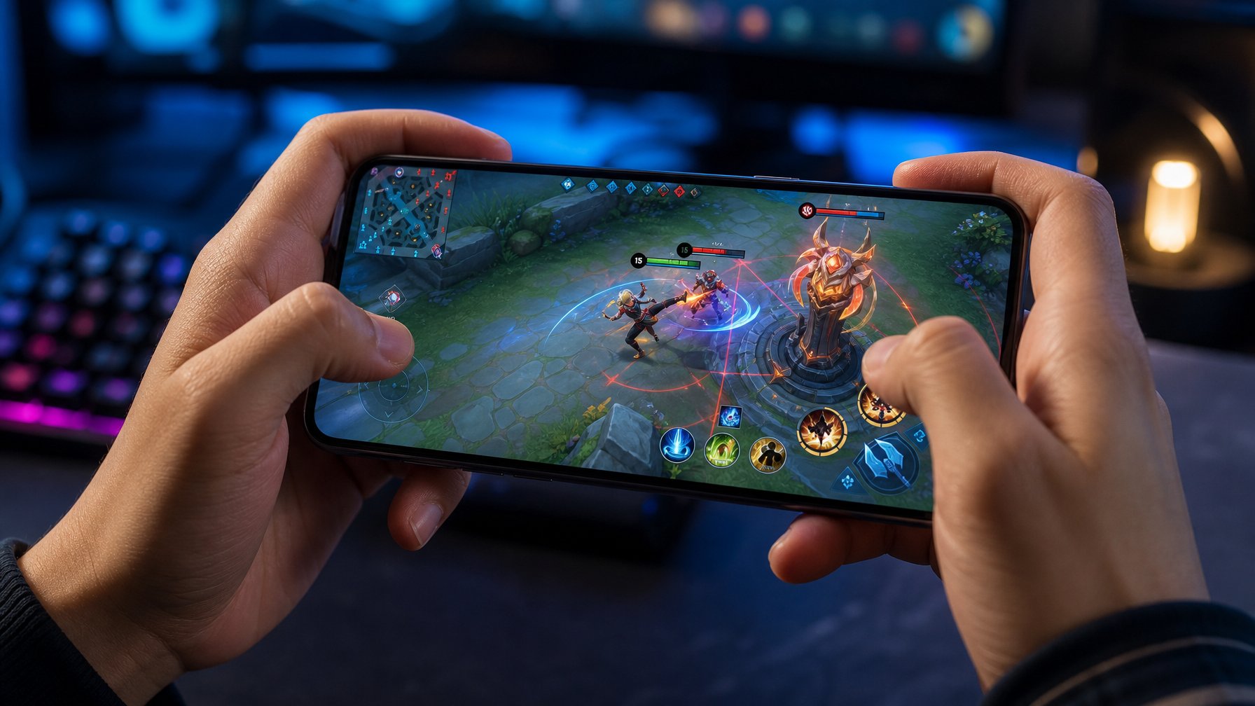 Pemain esports mengendalikan pertarungan gim MOBA di ponsel dengan karakter bela diri yang mengeksekusi lawan.