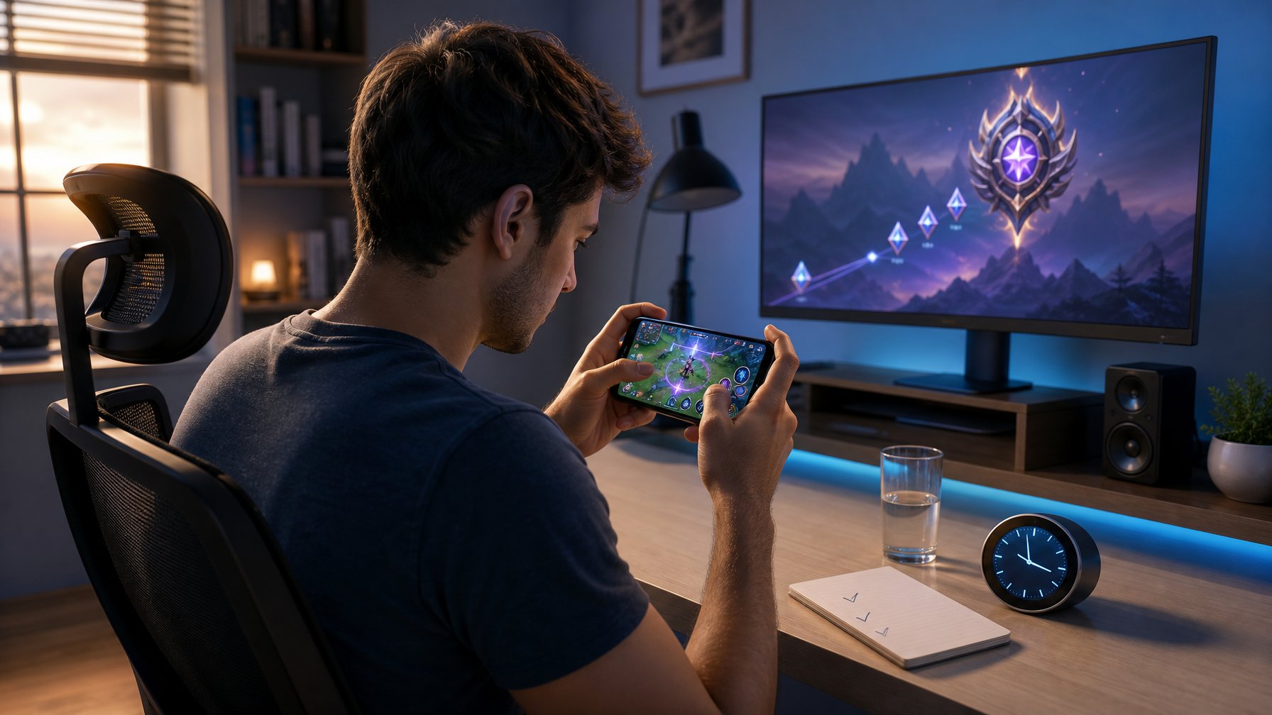 Seorang gamer bermain gim kompetitif di ponsel pada meja kerja dengan jam digital dan suasana malam.