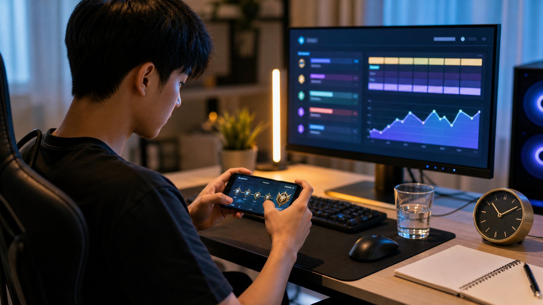 Seorang pemain gim kompetitif merencanakan sesi latihan harian di meja dengan ponsel, monitor, jam, dan grafik performa.