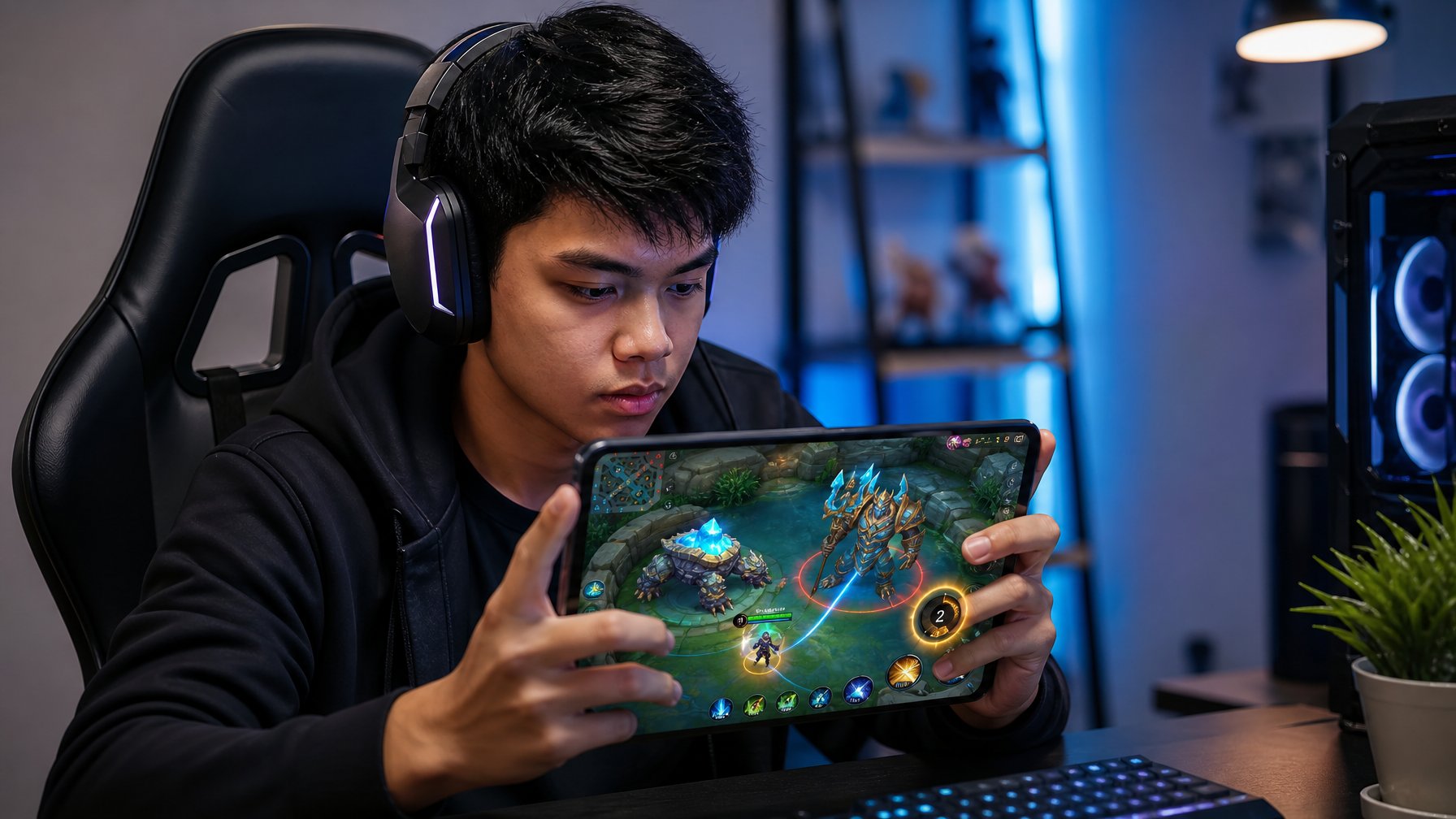 Pemain esports fokus mengendalikan perangkat saat menghadapi dua monster objektif dalam arena permainan fantasi.