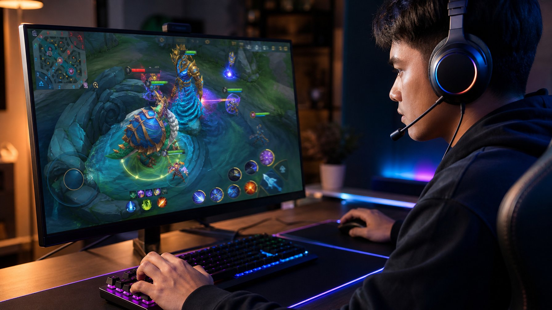 Seorang gamer fokus mengendalikan permainan arena fantasi untuk mengamankan objektif besar bersama timnya.