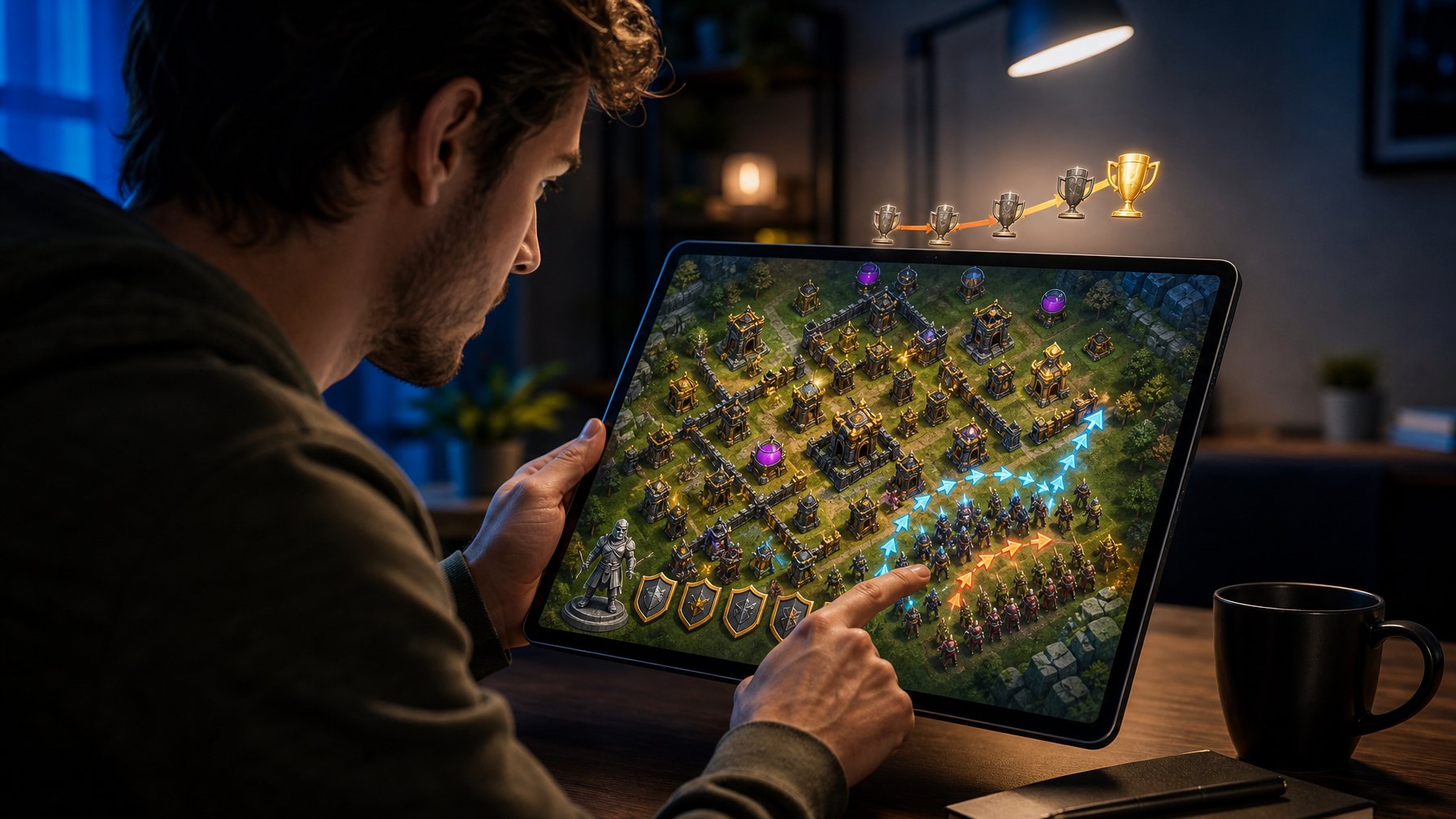 Seorang gamer mempelajari desa fantasi dan susunan pasukan di tablet dengan strategi menuju liga yang lebih tinggi.