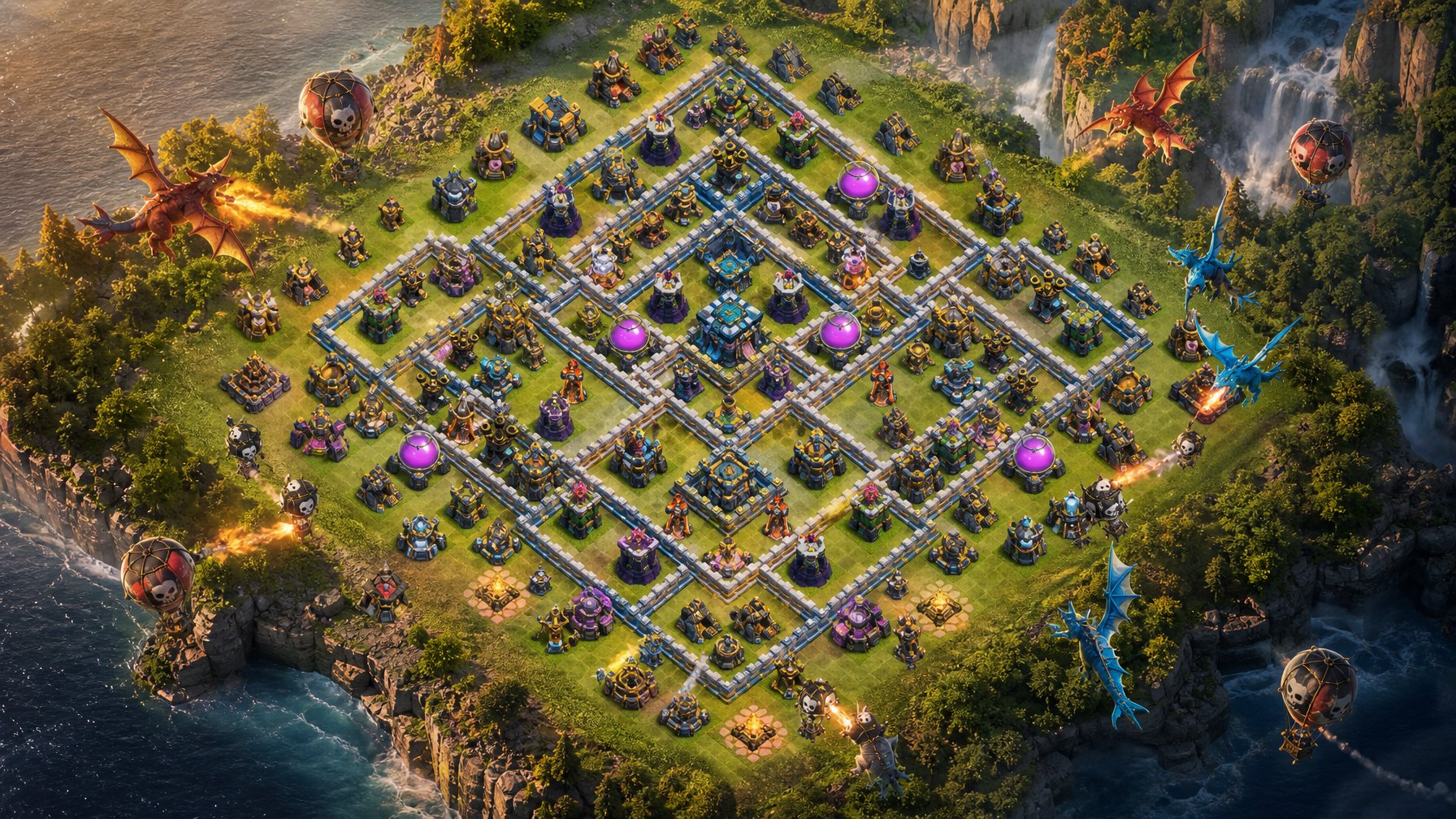 Benteng strategi fantasi dengan pertahanan udara berlapis menghadapi serangan unit terbang.