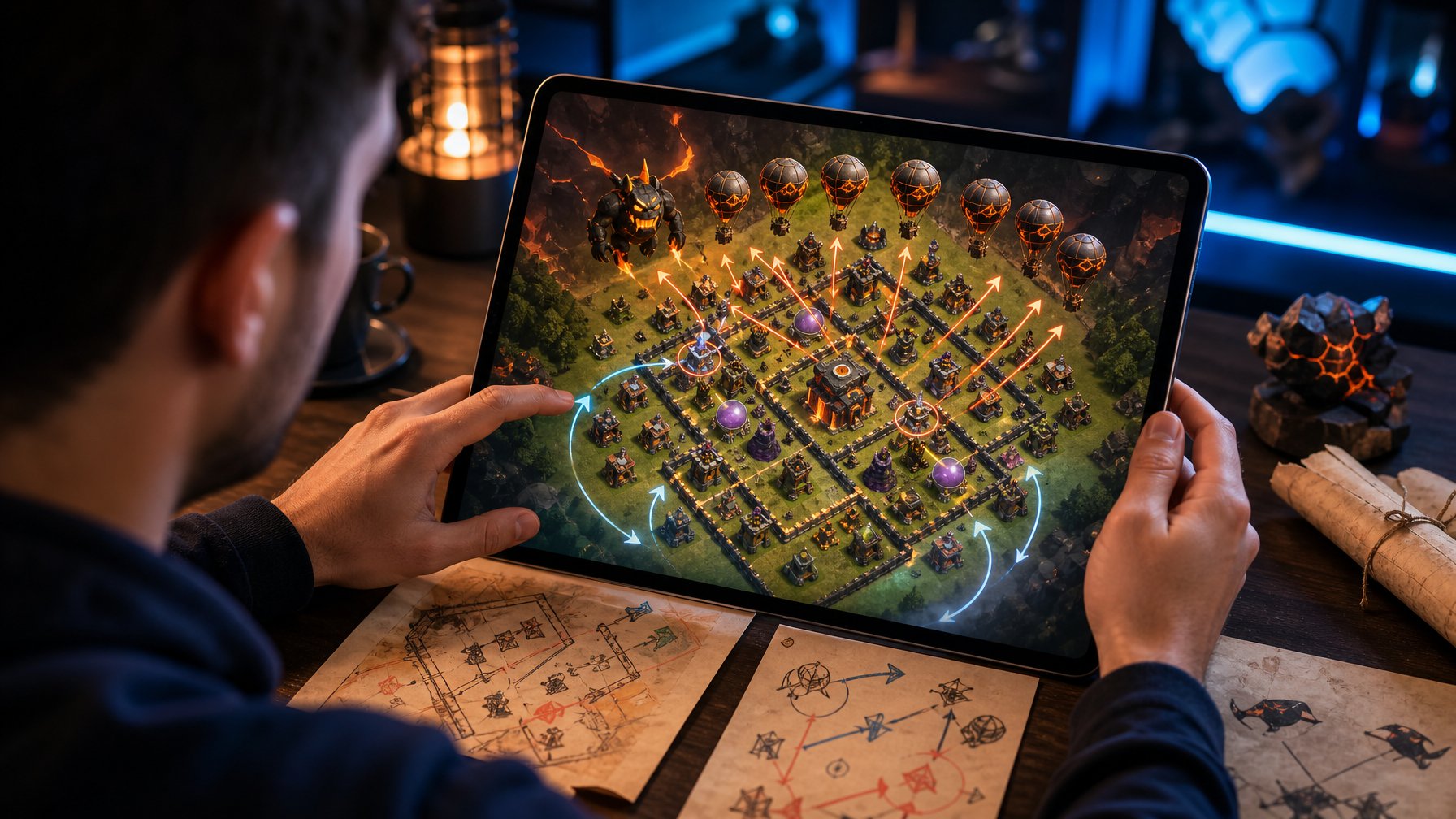 Pemain sedang merencanakan serangan udara terhadap desa pertahanan fantasi melalui tablet.