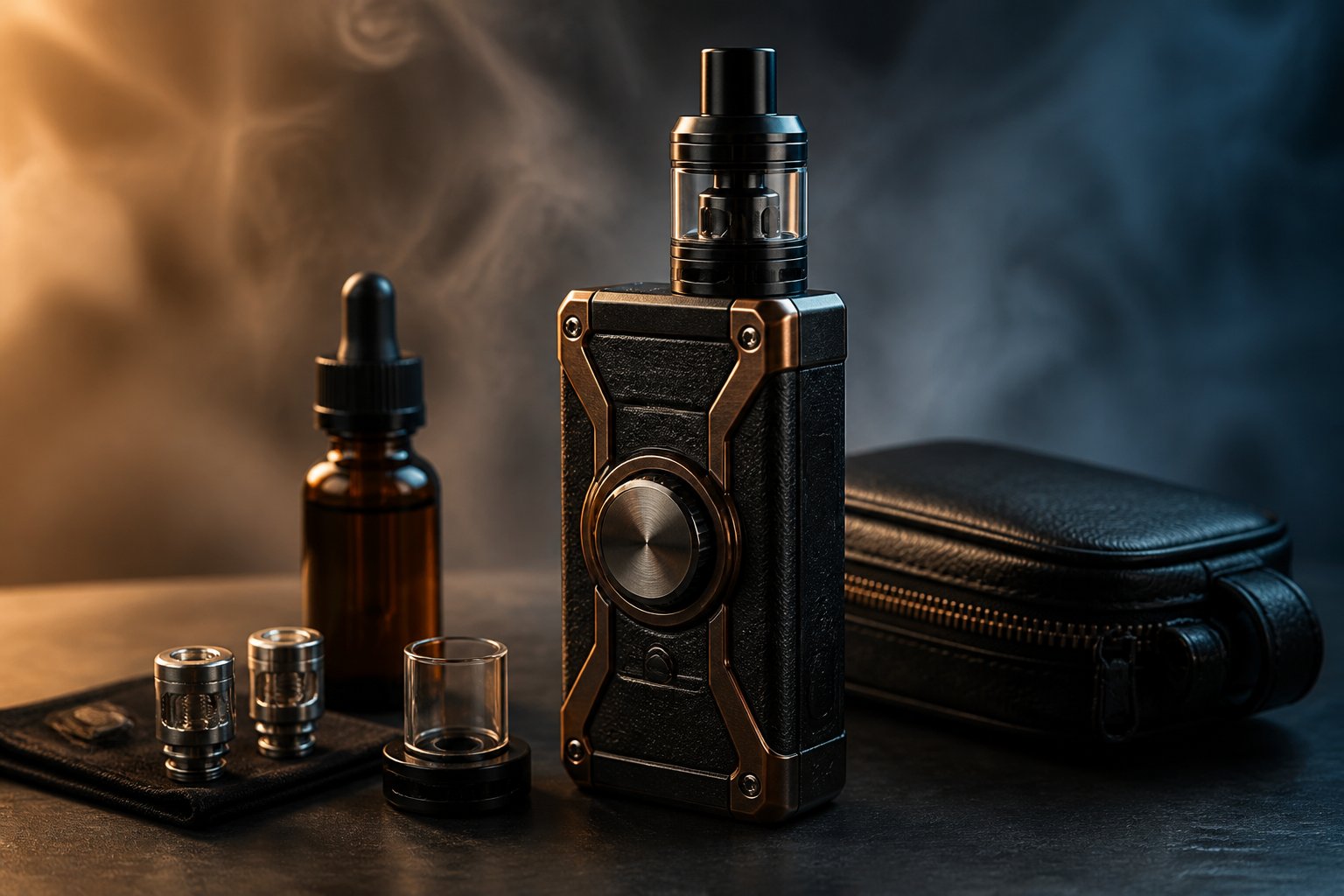 Mod vape berbentuk kotak berwarna hitam dan perunggu diletakkan di atas meja bersama aksesori vaping.