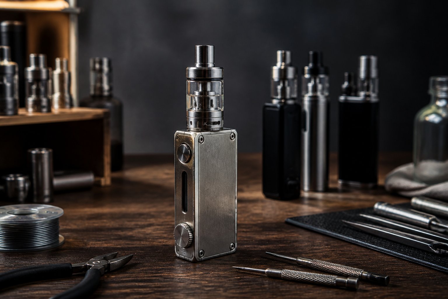 Perangkat vape bergaya kokoh diletakkan di atas meja kayu dengan beberapa perangkat vape modern di latar belakang.