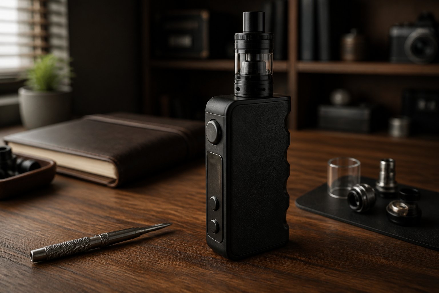 Mod vape hitam berbentuk kotak diletakkan di atas meja kayu bersama peralatan kecil dan buku catatan.