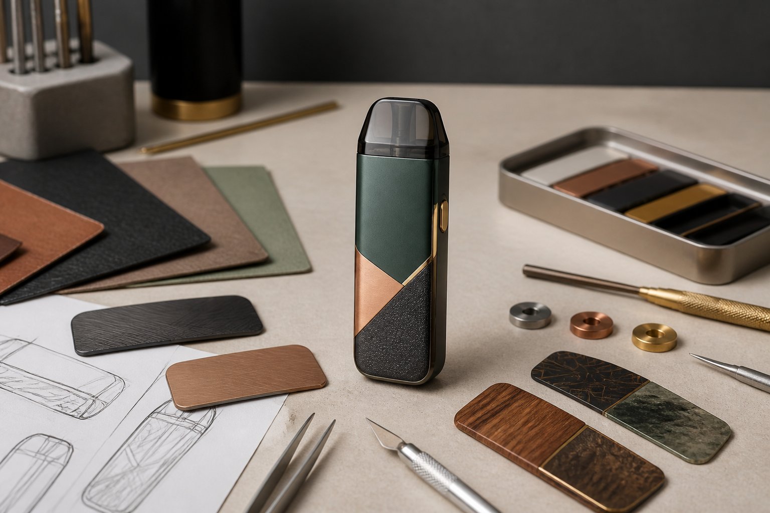 Perangkat vape AIO dengan tampilan kustom dikelilingi komponen dekoratif dan alat desain di atas meja kerja.