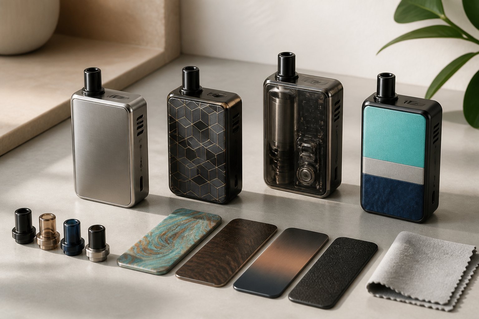 Beberapa perangkat mod vape AIO dengan desain dan panel dekoratif berbeda tersusun di atas meja.