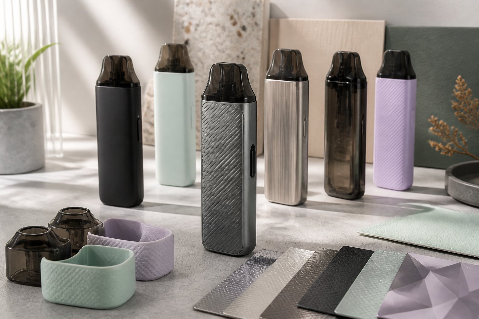 Beberapa perangkat vape AIO dengan warna dan desain berbeda tersusun rapi di atas meja.