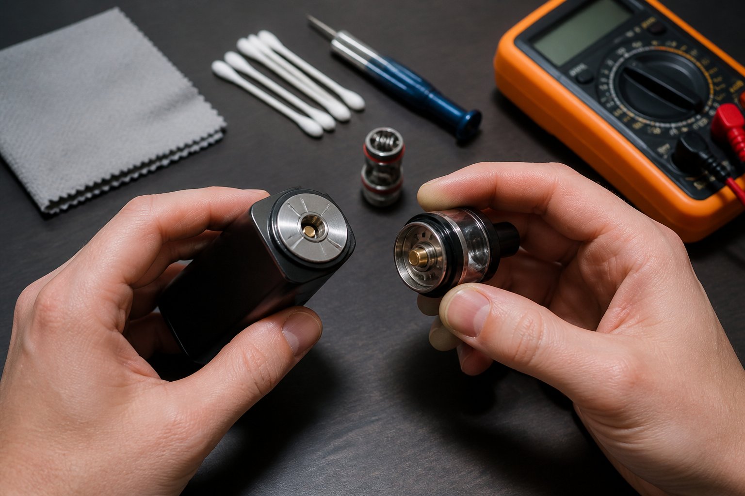 Tangan memeriksa mod vape dan atomizer yang terpisah di atas meja kerja dengan alat perbaikan.