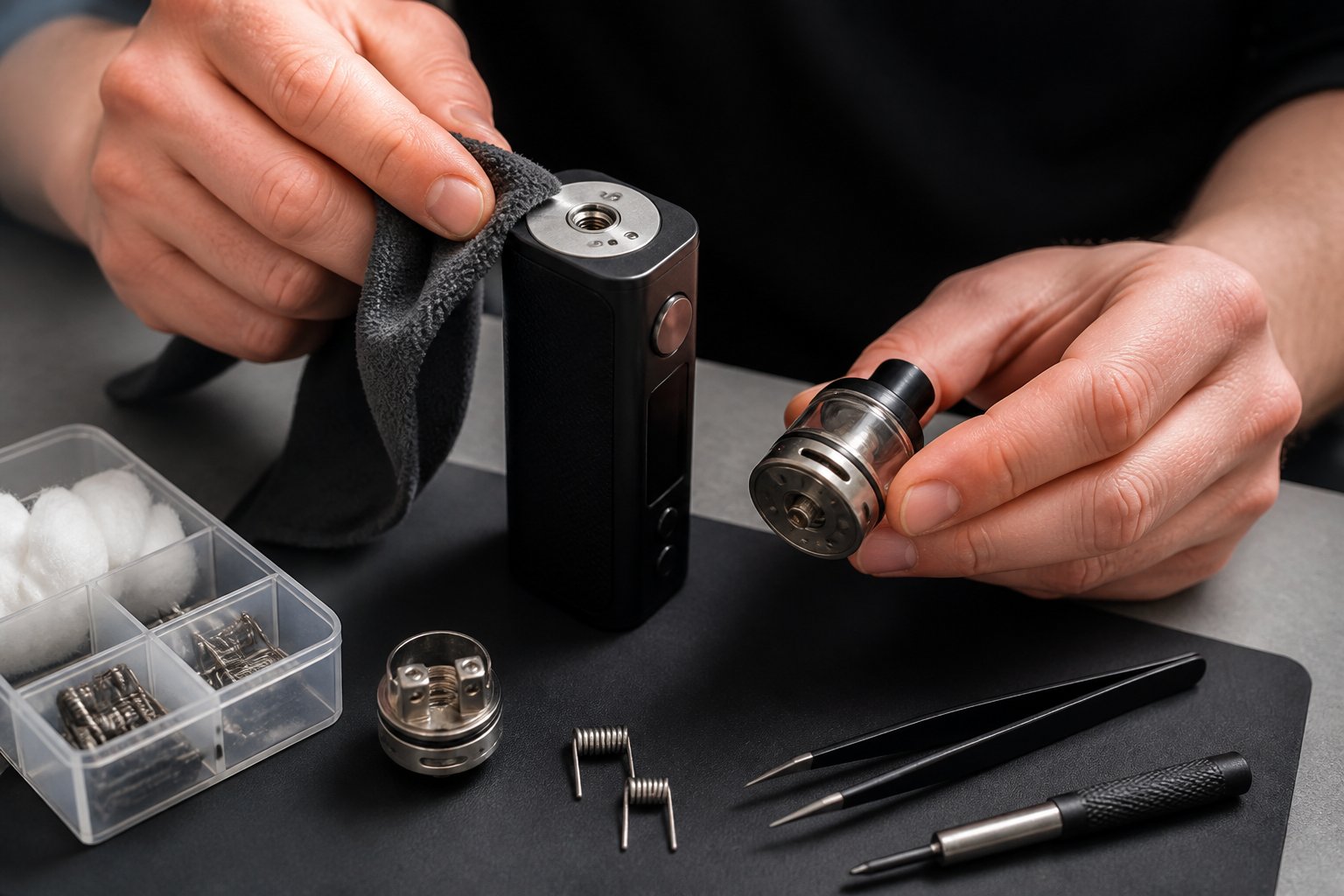 Tangan teknisi memeriksa sambungan atomizer dan vape mod di atas meja kerja dengan alat perbaikan yang tertata.