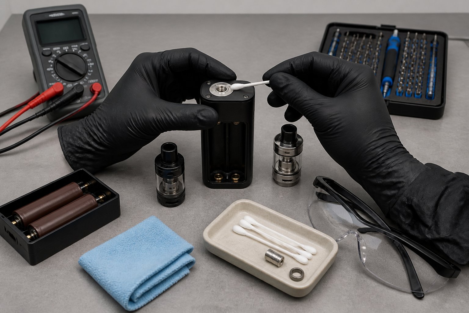Tangan teknisi memeriksa mod vape dan konektor atomizer di meja kerja dengan alat keselamatan dan peralatan pemeriksaan.