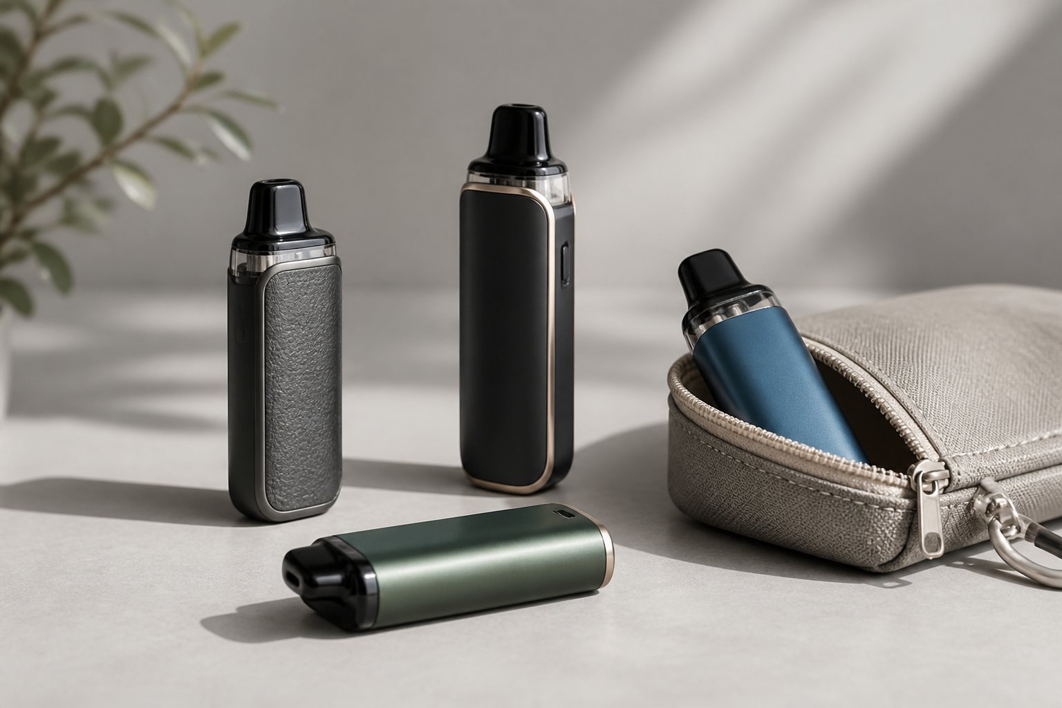 Beberapa mod vape kecil dan ringan ditata rapi di atas permukaan netral.