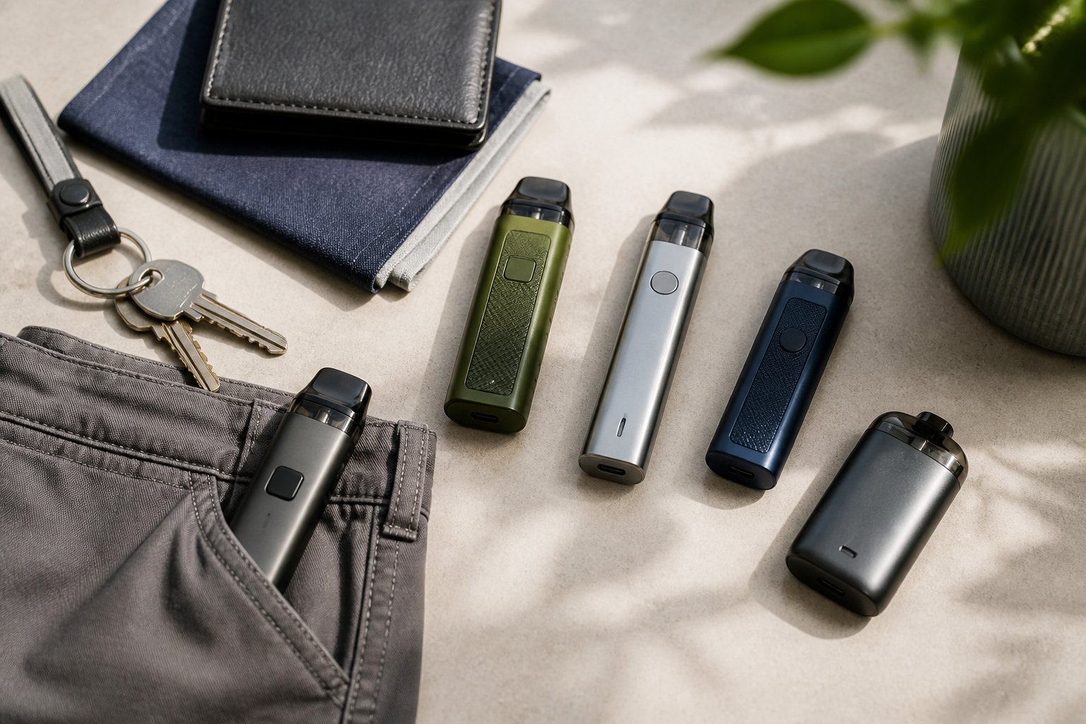 Beberapa mod vape mungil tertata di samping saku celana dan barang bawaan sehari-hari.