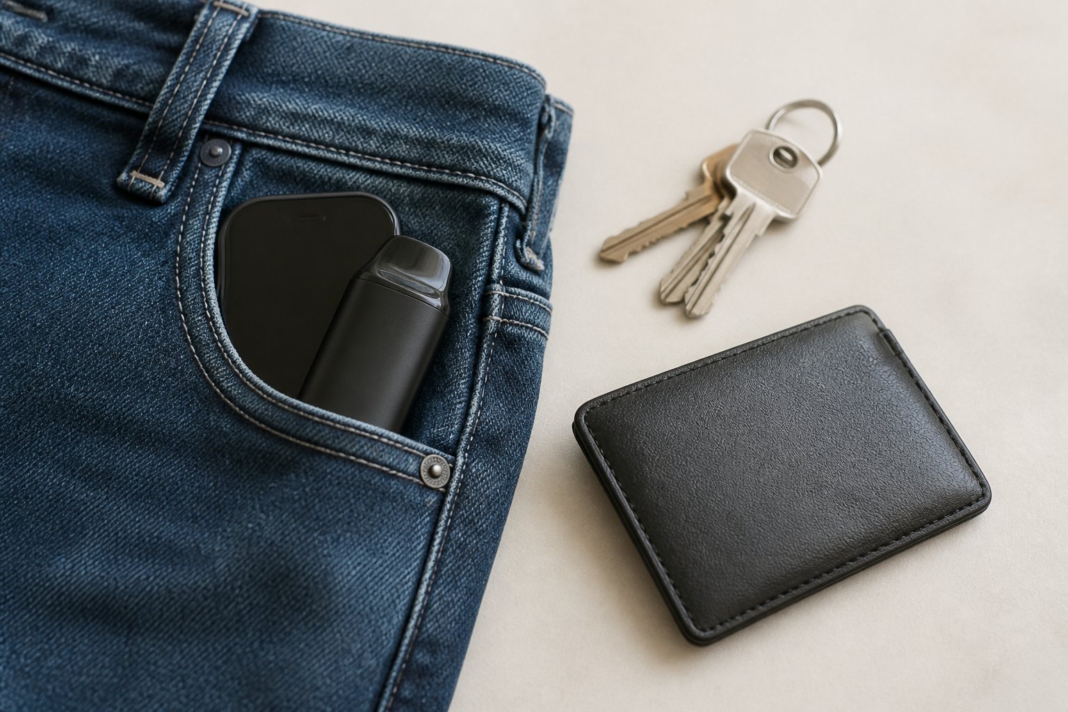 Mod vape kecil berada di saku celana bersama ponsel, kunci, dan dompet.