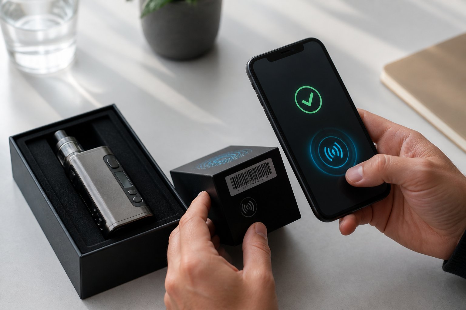 Tangan memindai barcode pada kemasan mod vape menggunakan ponsel di atas meja.