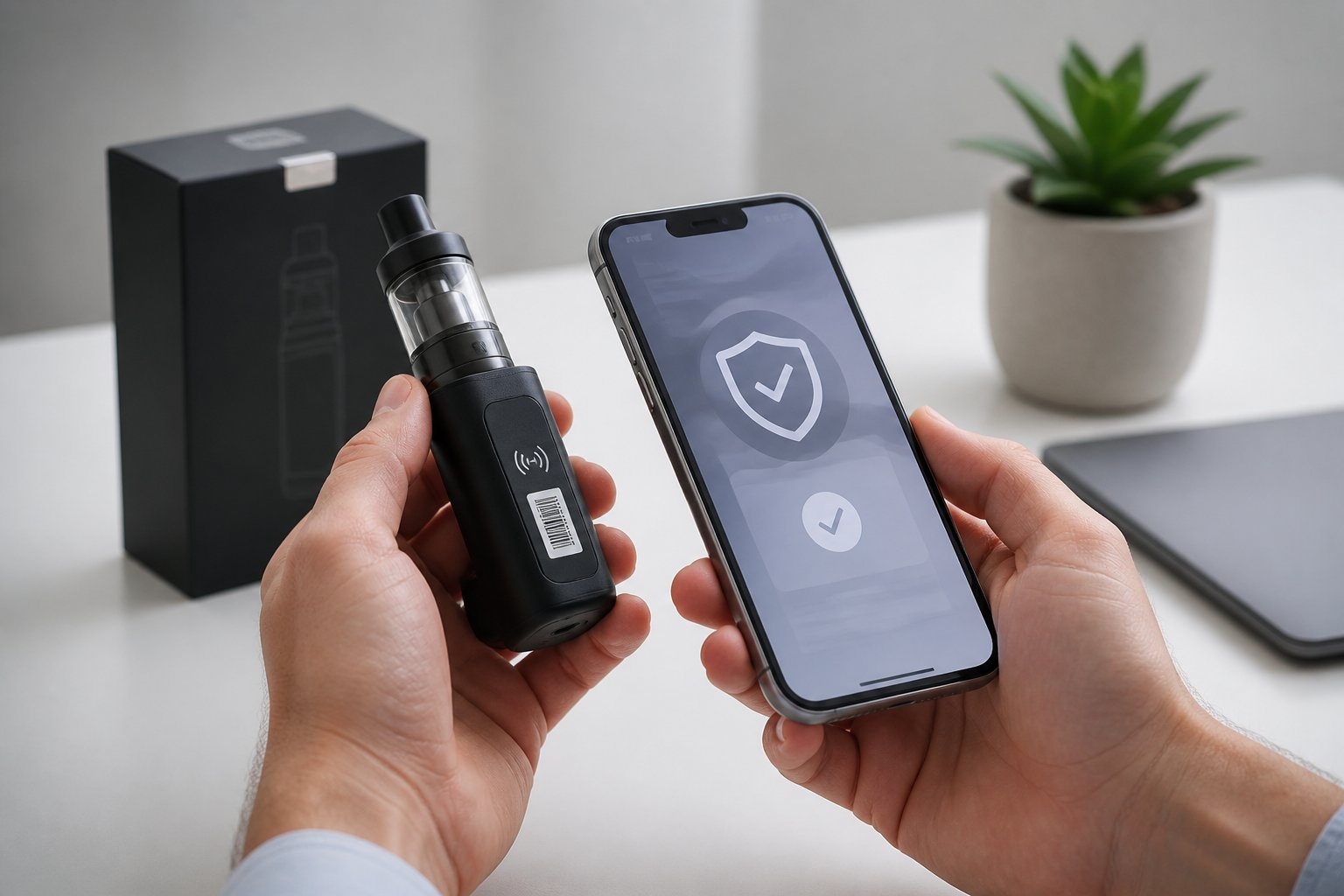 Tangan orang dewasa memverifikasi keaslian perangkat vape menggunakan ponsel dan fitur barcode atau NFC.