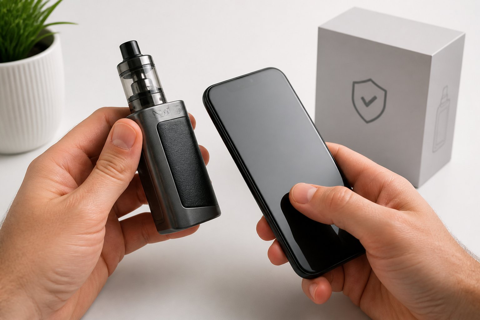 Tangan orang dewasa memeriksa tag NFC pada mod vape menggunakan ponsel di samping kemasan produk.