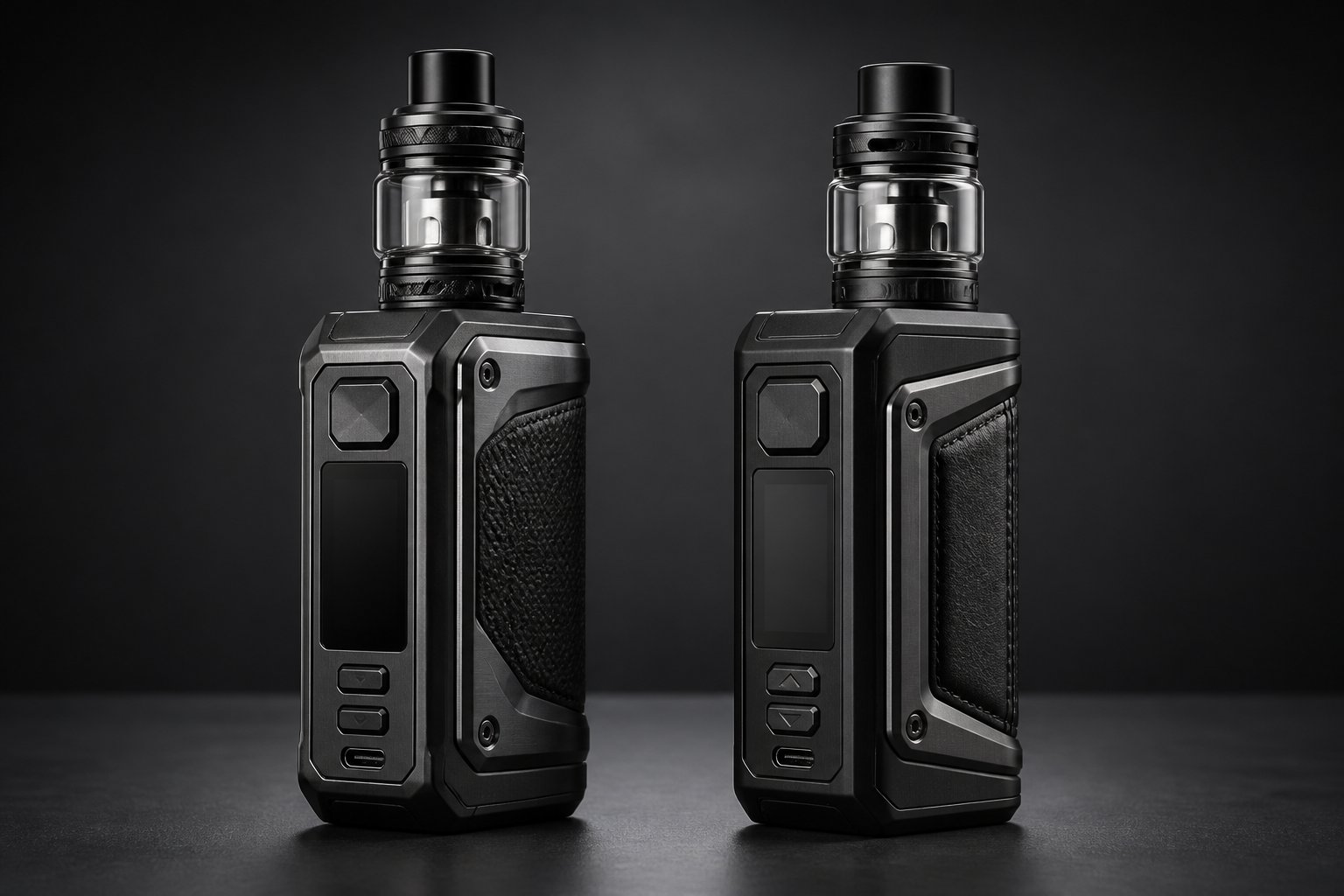 Dua perangkat vape berbentuk kotak diletakkan berdampingan di atas permukaan studio gelap.