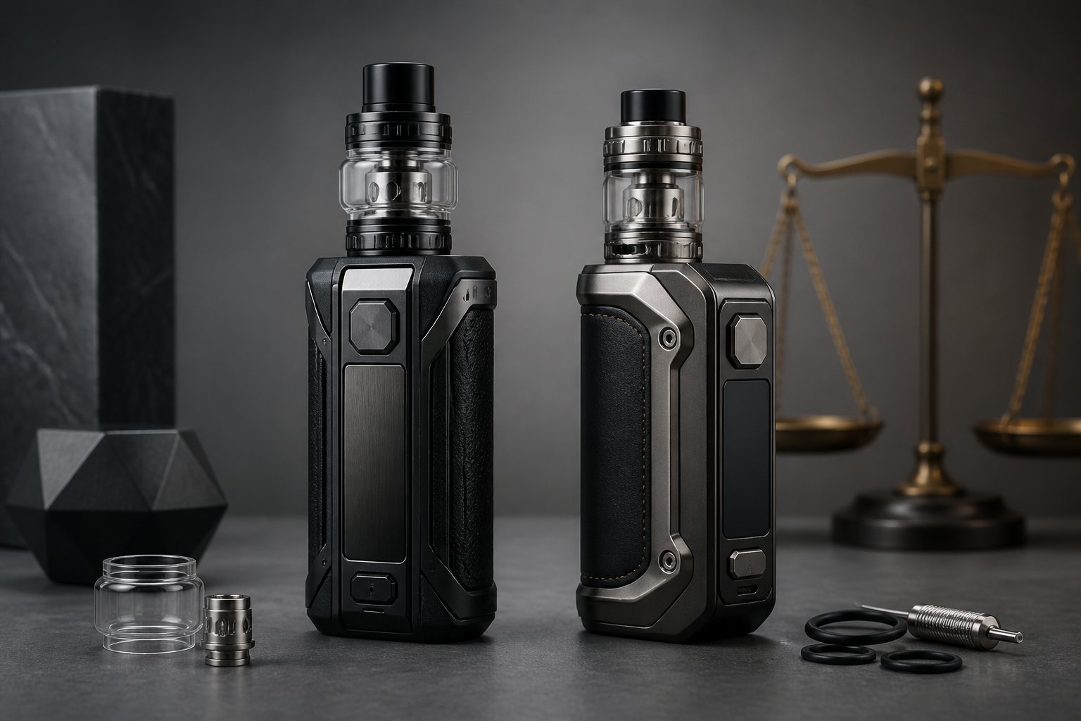 Dua mod vape modern diletakkan berdampingan di atas permukaan meja dengan pencahayaan studio.
