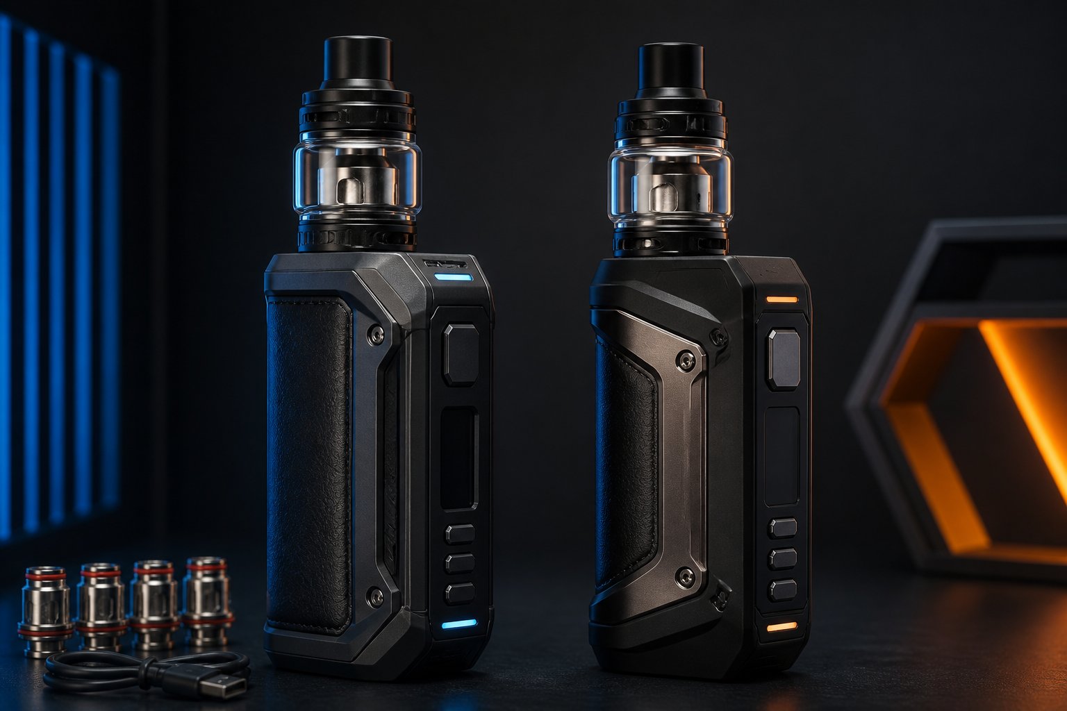 Dua mod vape modern dan tangguh diletakkan berdampingan di atas permukaan gelap.