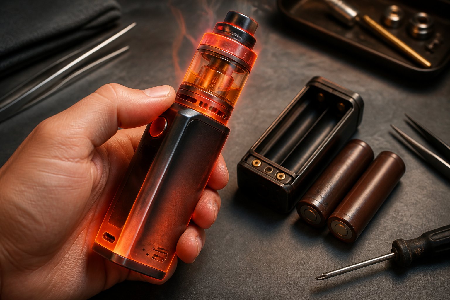 Perangkat vape mod terlihat memanas berlebihan di atas meja dengan alat pemeriksaan di sekitarnya.