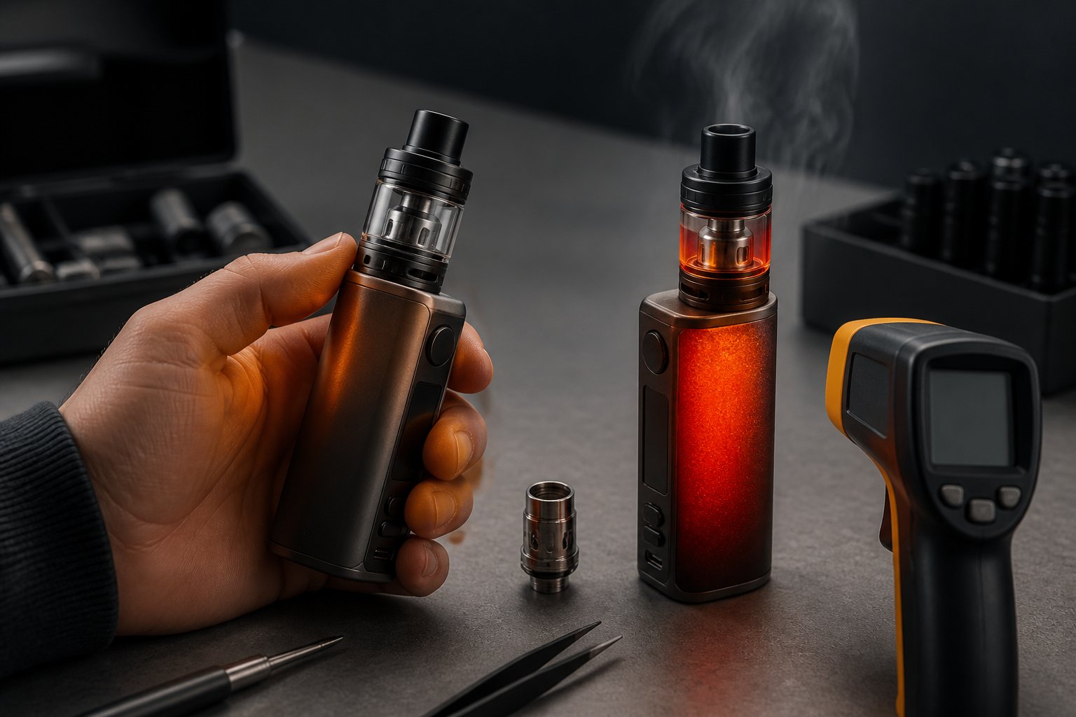Perangkat mod vape diperiksa suhunya setelah digunakan berulang kali, dengan bagian yang tampak hangat dan terlalu panas.