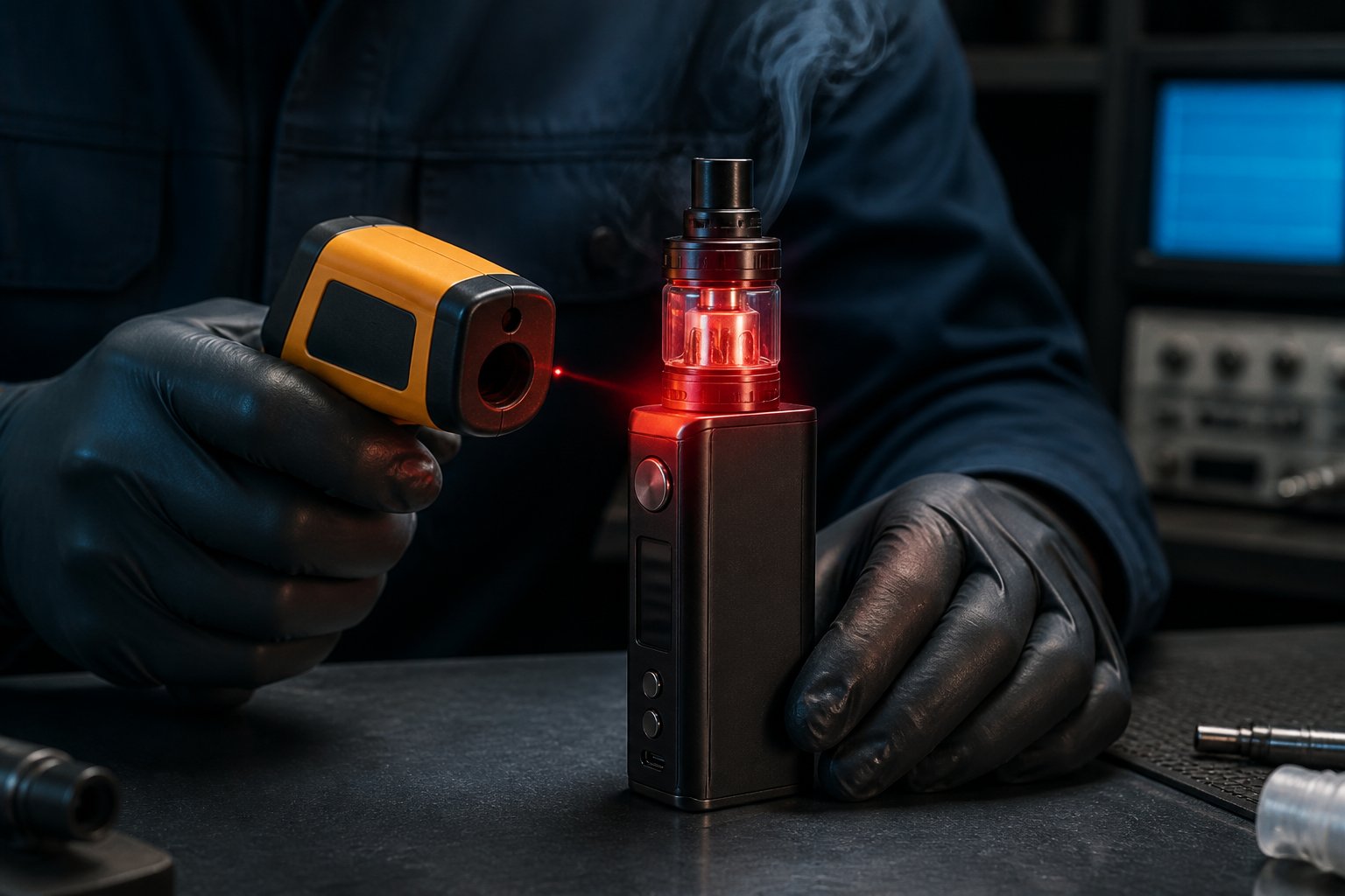 Teknisi memeriksa mod vape yang memanas dengan termometer inframerah setelah digunakan berulang kali.